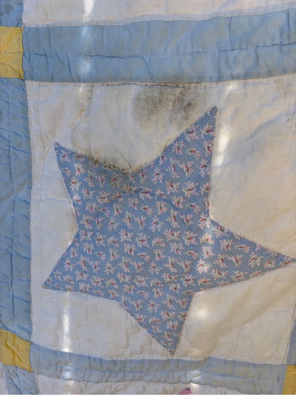 Antique Handmade Patchwork Star Quilt in Blue, Pink, & Yellow-62x78”